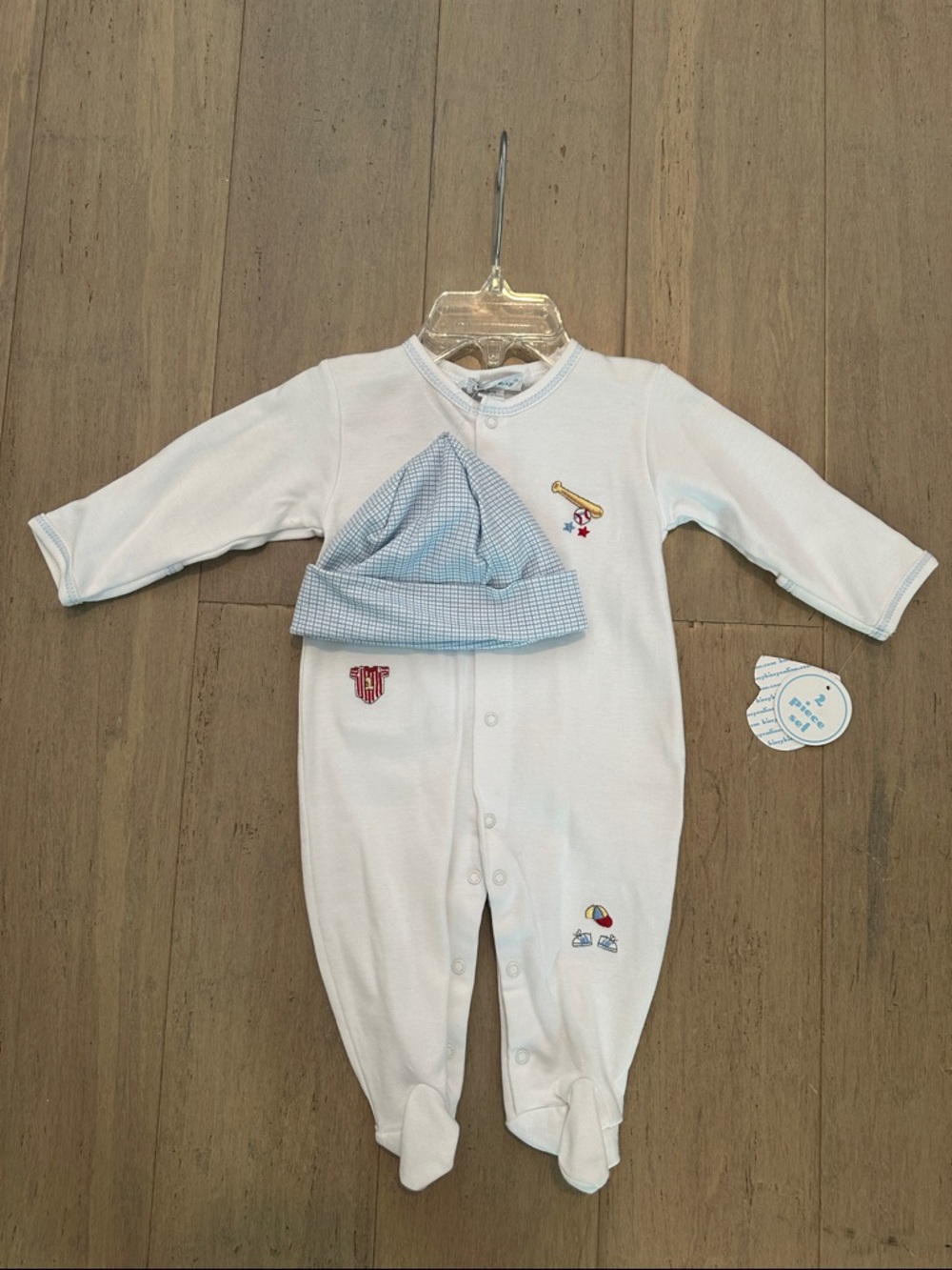 Kissy Kissy White Footed Baseball One-Piece with Light Blue Plaid Hat